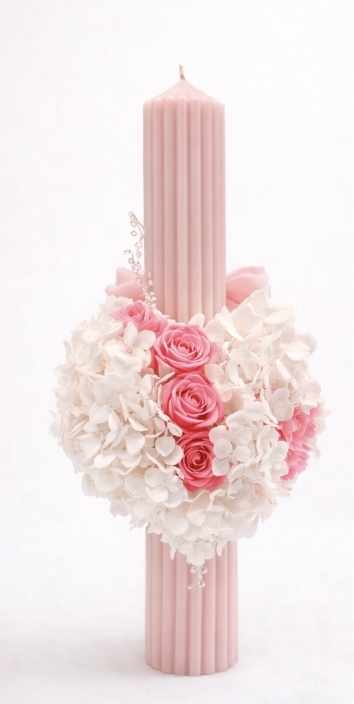 Lumânare de botez personalizată cu trandafiri roz și hortensii – model Elegant Pink
